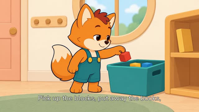 Tavi putting a toy block away in a basket